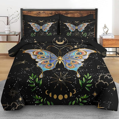 Comforter Set Twin Size, Gothic Butterfly Moon 5 Pcs Bedding for Kids and Adults, Botanical Plant Leaf Bed Sheet Sets with Fitted Sheet Pillowcase & Sham for Bedroom Bed Decor