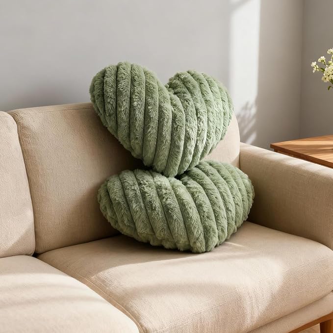 2 Pcs Sage Green Heart Throw Pillows, 16 Inch Soft Fluffy Heart-Shaped Comfort Pillows with Calming Texture, Hug Pressure for Relaxing Moments, Ideal for Sofa, Reading, and Naps (Sage Green)