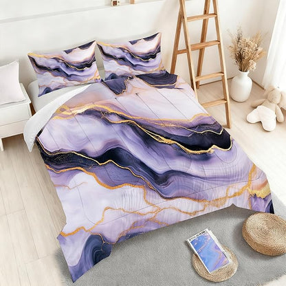 Marble Purple Bedding Set for Kids Women Queen Size Purple Gold Tie-Dye Comforter Set Modern Quilt Gradient Comforter for All Age Abstract Bed Sets with 1 Comforter + 2 Pillowcases