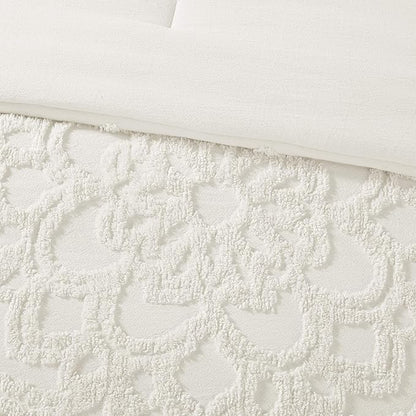 Madison Park Laetitia Comforter Bohemian Tufted Cotton Chenille, Medallion Shabby Chic All Season Down Alternative Bed Set with Matching Shams, Floral Off White Full/Queen(90"x90") 3 Piece