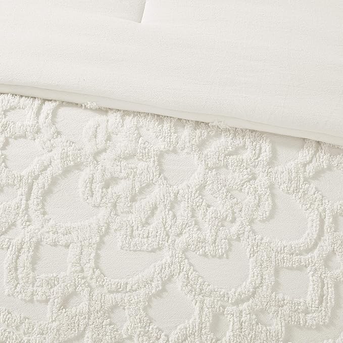 Madison Park Laetitia Comforter Bohemian Tufted Cotton Chenille, Medallion Shabby Chic All Season Down Alternative Bed Set with Matching Shams, Floral Off White King/Cal King(104"x92") 3 Piece