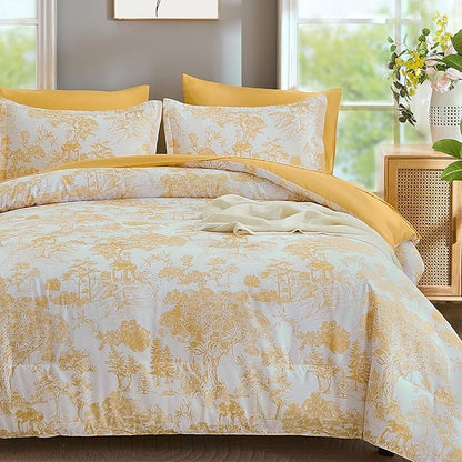 DJY King Size Comforter Sets, Yellow Botanical Comforters with Sheets 7 Pieces Bed in a Bag King Elegant Plants Print Soft Microfiber Reversible Complete Bedding Sets for All Season