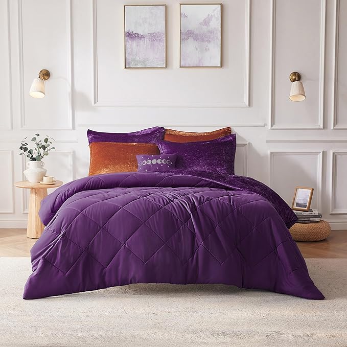 Intelligent Design King Comforter Set, Velvet Comforter Set , Luxury Diamond Quilting Comforter Set, Fluffy Comforter Bed Set with Decorative Pillowand 2 Shams, 4 Piece Purple, King/ Cal King