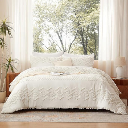 Luxudecor Boho Tufted Comforter Set King Size 3 Pieces White Shabby Chic Comforter Farmhouse Embroidery Bed Set Soft Comforter for All Seasons (White, 104''x90'')