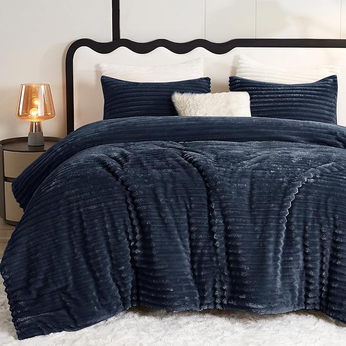 CozyLux Fluffy King Size Comforter Set - Super Soft Faux Fur Navy Blue Comforter King Size, Winter Warm Fleece Bedding Set, 3 Pieces Plush Fuzzy Bed Set (1 Shaggy Comforter, 2 Pillowcases)