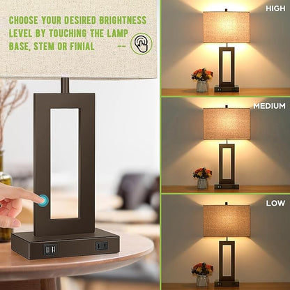 Set of 2 Touch Control Table Lamps with 2 USB Ports&AC Outlet, 3-Way Dimmable Modern Nightstand Lamp Sets, Brown Bedside Desk Lamps for Bedroom Living Room End Tables, Bulbs Included, Cream Shade
