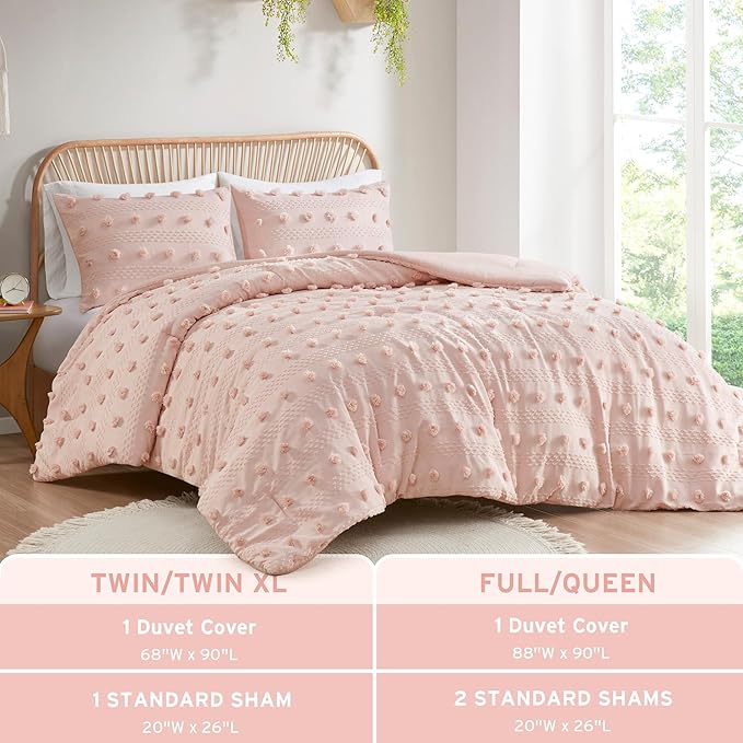 Intelligent Design Twin Duvet Cover Set, Clipped Jacquard Duvet Set Chic Pompoms Accent, All Seasons Lightweight Microfiber Bed Cover for Comforter with 1 Sham, Lucy, Twin/Twin XL Pink 2 Piece
