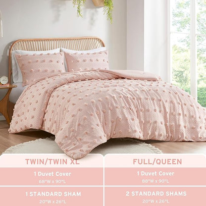 Intelligent Design Twin Duvet Cover Set, Clipped Jacquard Duvet Set Chic Pompoms Accent, All Seasons Lightweight Microfiber Bed Cover for Comforter with 1 Sham, Lucy, Twin/Twin XL Pink 2 Piece