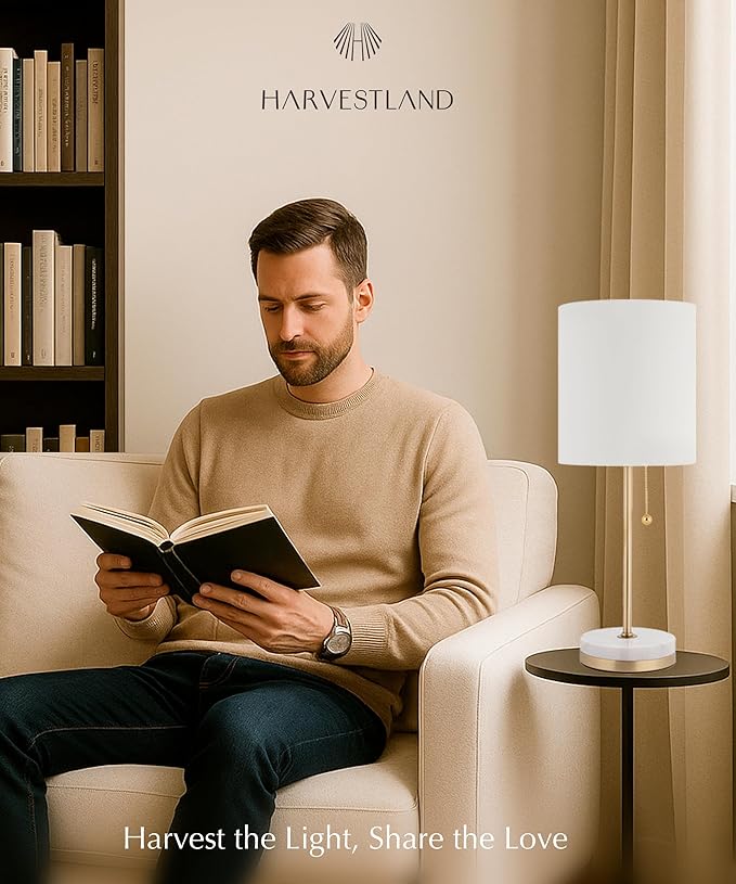 HarvestLand Pure 21” Table Lamp for Living Room and Bedroom – Farmhouse End Table Lamp for Nightstand or Sofa Side – Bedside lamp, Decorative lamp, Living Room Lamps for end Table