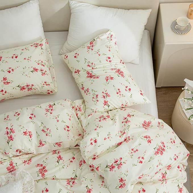 Full Floral Comforter Set Soft Cute Floral Bedding Comforter Sets Garden Style Red Flower Print Botanical Flowers Comforter Set for All Seasons 1 Comforter and 2 Pillowcases