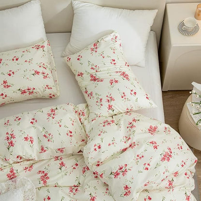 Full Floral Comforter Set Soft Cute Floral Bedding Comforter Sets Garden Style Red Flower Print Botanical Flowers Comforter Set for All Seasons 1 Comforter and 2 Pillowcases