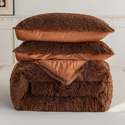 chovy Faux Fur Plush Coffee Comforter Sets Queen - Ultra Soft Shaggy Flannel Velvet Fluffy Fuzzy 3PC Bedding Set (Comforter x 1 Pillowcases x 2)