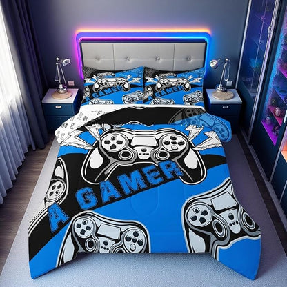 Erosebridal Gamer Comforter Sets for Boys Full Size,Gaming Bedding Sets for Boys Kids Teens Gamepad Gaming Comforter Set Game Room Decor,Blue Black 3Pcs