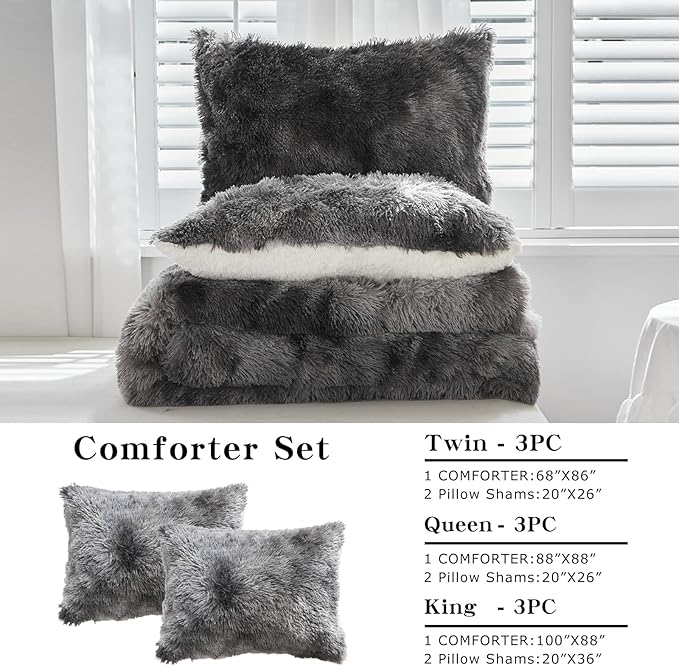 Joyreap 3-Piece Plush Shaggy Comforter Set, King Size Luxury Faux Fur Sherpa Reversible Bedding Comforter Set, Ultra Cozy Warm Fluffy Bedding Set for Winter (Tie-dye Black, 100x88 inches)