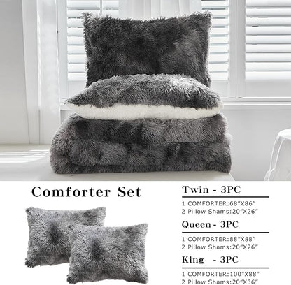 Joyreap 3-Piece Plush Shaggy Comforter Set, Full/Queen Size Luxury Faux Fur Sherpa Reversible Bedding Comforter Set, Ultra Cozy Warm Fluffy Bedding Set for Winter (Tie-dye Black, 88x88 inches)