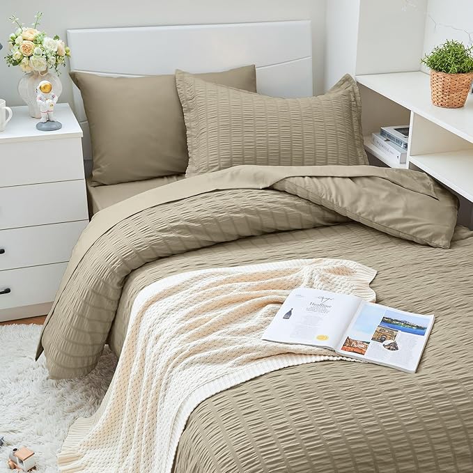 HYMOKEGE Linen Twin XL Comforter Set Seersucker 5 Pieces, All Season Luxury Bed in a Bag for Bedroom, Bedding Set with Comforter, Sheets, Pillowcase & Sham