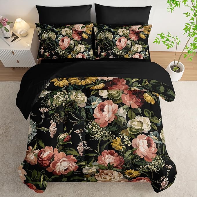 Black Floral Comforter Set Twin Colorful Floral Bedding Sets 7PCS,Light Colorful Flower Bedding Set 7 Piece in A Bag,Bed Sheet Set Flower Decor,Microfiber Ultra-Soft Lightweight Microfiber