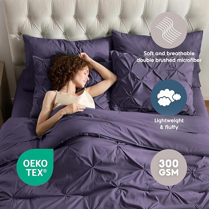 Nestl 7 Piece Comforter Set - King Pinch Pleated Purple, Bed in a Bag, All Season, King Bedding Set with Sheets and Pillowcases