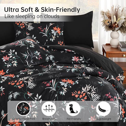 Black King Comforter Size Set, 7 Pieces Floral Bed in a Bag Bedding Sets, Lightweight Soft Comforter and Sheet Set, All Season Microfiber Flower Bedding Sets
