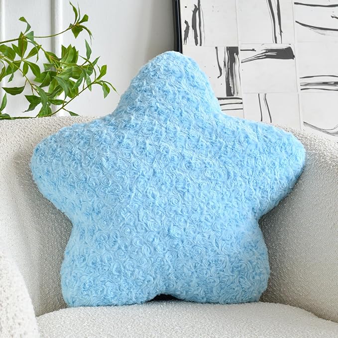 Star Pillow, 19.7" Star Shaped Plush Pillow for Couch Bed Sofa, Cute Decorative Throw Pillows with Soft Faux Fur Room Decor for Bedroom Living Room (Blue)