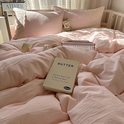 mixinni Light Pink Gingham Comforter Set Queen - 3 Piece Soft Washed Microfiber Plaid Bedding Set with Lace Trim, All Seasons Fluffy Comforter & Pillowcases, Farmhouse French Country Aesthetic