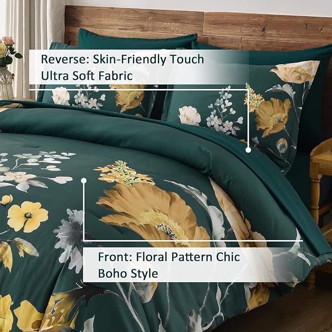 DJY Floral Comforter Set King Size 7 Pieces Teal Green Floral Bed in a Bag with Flower Leaves Pattern, Soft Microfiber Botanical Comforter and Sheet Set All Season Bedding Set(104''x90'')