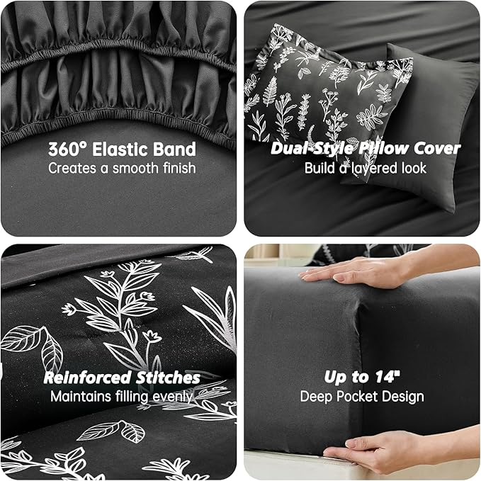 MUXHOMO Black Full Comforter Set, Elegant Floral Print Bed in a Bag 7 Pieces, Ultra Soft & Breathable Reversible Botanical Pattern Bedding Set with Comforter, Sheets, Pillowcases, and Shams
