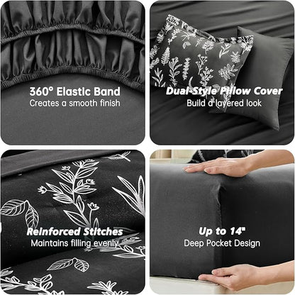 MUXHOMO Black Full Comforter Set, Elegant Floral Print Bed in a Bag 7 Pieces, Ultra Soft & Breathable Reversible Botanical Pattern Bedding Set with Comforter, Sheets, Pillowcases, and Shams
