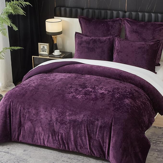 Ivellow Crushed Velvet Comforter Set King Purple Comforter Set 5pcs Ultra Soft Lightweight Breathable Bedding Set Luxury Cozy Flannel Comforter King Size (1 Comforter,2 Pillow Shams, 2 Euro Shams