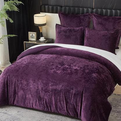Ivellow Crushed Velvet Comforter Set King Purple Comforter Set 5pcs Ultra Soft Lightweight Breathable Bedding Set Luxury Cozy Flannel Comforter King Size (1 Comforter,2 Pillow Shams, 2 Euro Shams