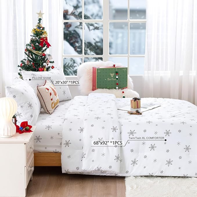 COTTEBED Twin Size Snowflake Comforter Set, Soft Cozy Polycotton Down Comforters for Twin XL Bedding Kid Children Boy Girl Teen College Dorm Signal Bed Holiday Home Ornament