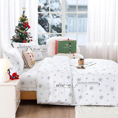 COTTEBED Twin Size Snowflake Comforter Set, Soft Cozy Polycotton Down Comforters for Twin XL Bedding Kid Children Boy Girl Teen College Dorm Signal Bed Holiday Home Ornament