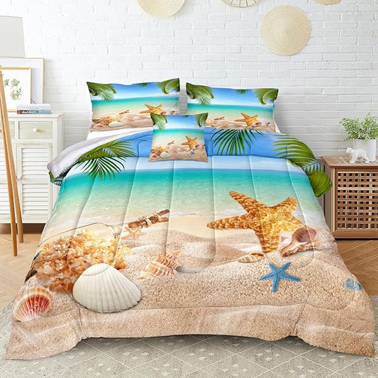 MOVE OVER Beach Theme Bedding Set California King Ocean Comforter Set Hawaii Scenery Sea Conch Sea Star and Shells Pattern Design Tropical Palm Tree Pattern Coastal Bedding Set for Summer