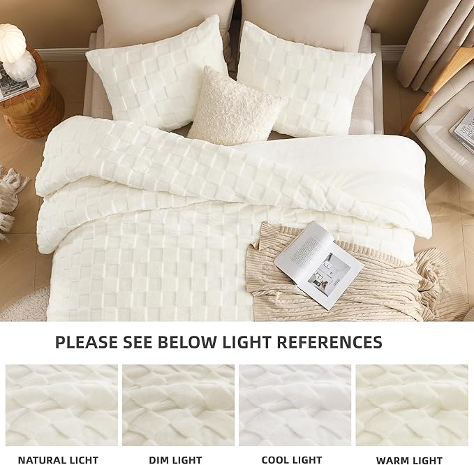 Litanika Fluffy Twin Size Comforter Set Cream, 3 Pieces Warm Sherpa Fleece Winter Bedding Set, Jacquard Checkered Plush Fuzzy Bed Set(1 Comforter, 2 Pillowcases)