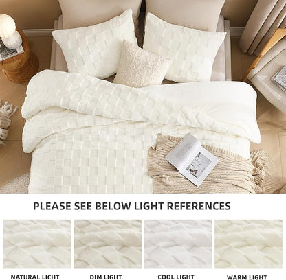 Litanika Fluffy Twin Size Comforter Set Cream, 3 Pieces Warm Sherpa Fleece Winter Bedding Set, Jacquard Checkered Plush Fuzzy Bed Set(1 Comforter, 2 Pillowcases)