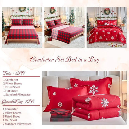 Tititada Christmas Bed in a Bag 6 Pcs Twin Size, White Snowflake on Red Holiday Bedding Comforter Set Warm for Winter(1 Comforter, 1 Flat Sheet, 1 Fitted Sheet, 2 Pillow Shams, 1 Pillowcase)