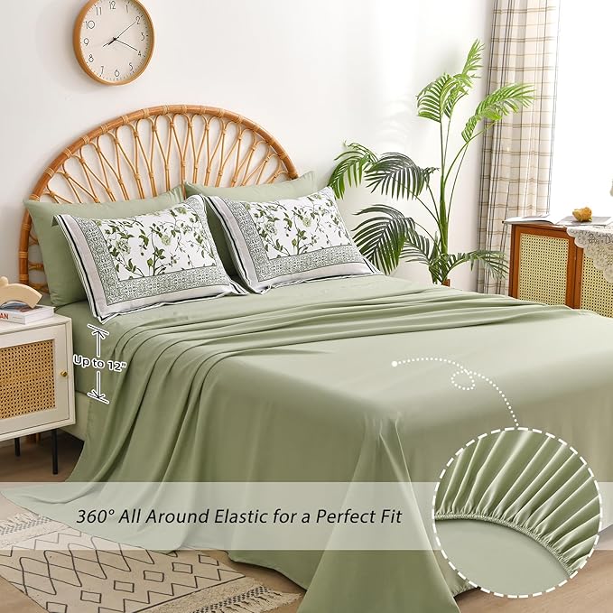 Dobuyly Floral Queen Comforter Set, 7 Piece Bed in a Bag Queen Size Sage Green Flowers on White Botanical Bedding Set, Soft Microfiber Bedding Comforter Sets with Sheets for All Season