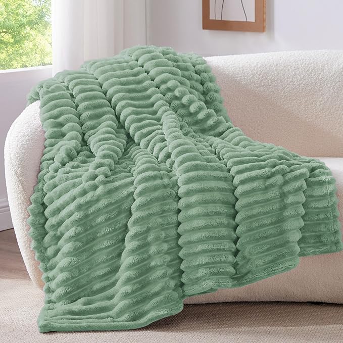 BEDELITE Fleece Throw Blanket for Couch - 300GSM Soft & Warm Fluffy Green Blanket, Decorative and Giftable Striped Blankets for Women, Men, 50"x60"