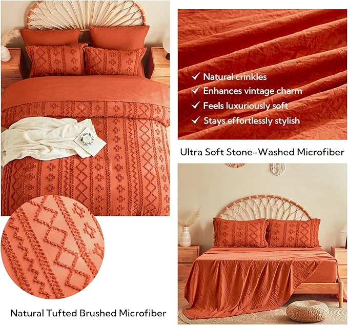 MR&HM King Size Comforter Set Terracotta, 7 Pieces Tufted Boho Beddding Sets, Farmhouse Style Bed in a Bag with 1 Comforter, 2 Pillow Shams, 2 Pillowcases, 1 Flat Sheet, 1 Fitted Sheet