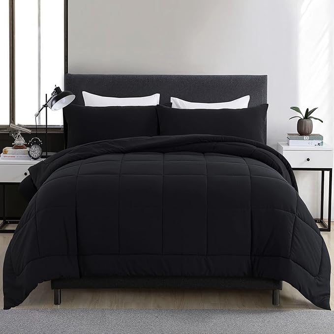 DOWNCOOL Full Size Comforter Sets -All Season Bedding Comforters with 2 Pillow Cases -3 Pieces Bed Set Down Alternative Comforter -Black Bedding Sets (82"x86")