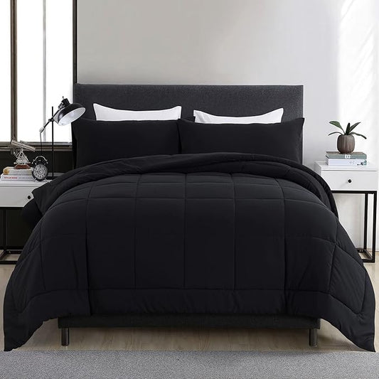 DOWNCOOL Full Size Comforter Sets -All Season Bedding Comforters with 2 Pillow Cases -3 Pieces Bed Set Down Alternative Comforter -Black Bedding Sets (82"x86")