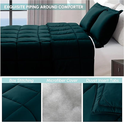 Elegant Comfort 3-Piece Box Stitched Down Alternative Comforter with Shams - Ultra Soft for All Season Duvet Insert with Corner Tabs, Plush Cozy 3PC Comforter Set, Twin XL, Marine Teal