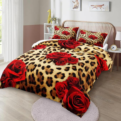 MOVE OVER Cheetah Print Comforter Set King Size Red Rose Flower Bedding Set 4 Pieces Ultra Soft Microfiber Romantic Rose and Leopard Print Comforter Sets for Women and Female