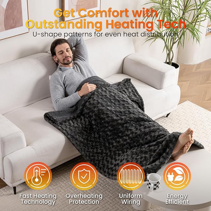WOOMER Heated Blanket Throw 50" x 60", Electric Blanket with a Control, 4 Heating Levels & 4H Auto Off, ETL Certified, Dark Grey Roses Patterns Faux Fur & Sherpa, Machine Washable