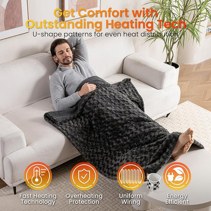 WOOMER Heated Blanket Throw 50" x 60", Electric Blanket with a Control, 4 Heating Levels & 4H Auto Off, ETL Certified, Dark Grey Roses Patterns Faux Fur & Sherpa, Machine Washable