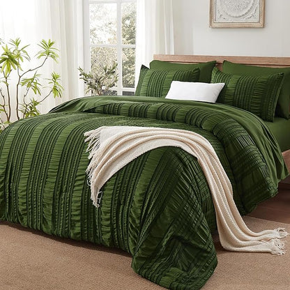 Dark Green Tufted Textured Comforter Set King Size, 7 Piece Bed in a Bag，Shabby Chic Boho Bedding for Bedroom Comforter，All Season Soft Microfiber Ruffle Comforter Set with Pillow and Sheets