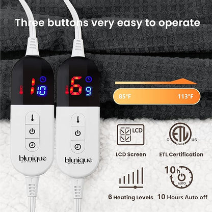 Heated Blanket Electric Blanket Queen Waffle, 84x90 Inches Dual Controllers Sherpa Fleece Fast Heating Blanket 6 Heating Levels & 10 Hours Auto Off ETL Certification,Charcoal Grey Queen