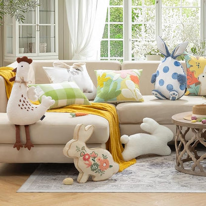 Phantoscope Happy Easter Bunny Shaped Throw Pillow, Plush Boucle Jumping Rabbit Cushion Sherpa Easter Decorative Pillow for Couch Living Room Bed, Beige, 14.5 x 21.5 inches