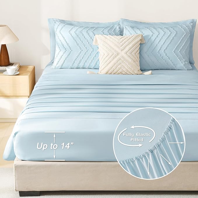 Litanika Light Blue Queen Size Comforter Set with Sheets - 7 Pieces Bed in a Bag Queen Boho Tufted Complete Bedding Sets with Comforter, Sheets, Pillowcases & Shams