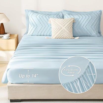 Litanika Light Blue Queen Size Comforter Set with Sheets - 7 Pieces Bed in a Bag Queen Boho Tufted Complete Bedding Sets with Comforter, Sheets, Pillowcases & Shams